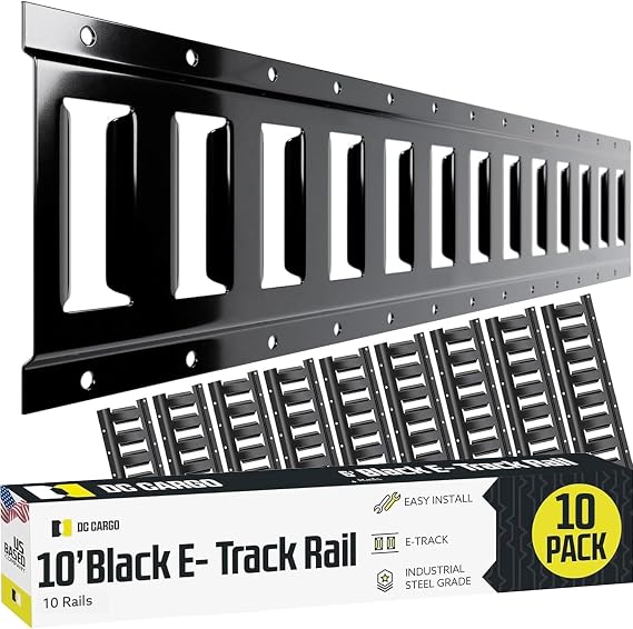 Ten 10-ft E Track Tie-Down Rail, Powder-Coated Steel ETrack TieDowns, Horizontal 10' E-Tracks, Pack of 10 Bolt-On Tie Down Rails for Cargo on Pickups, Trucks, Trailers, Vans