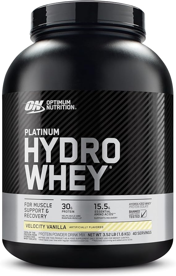 Optimum Nutrition Platinum Hydrowhey Protein Powder, Velocity Vanilla, 4 LB | 100% Hydrolyzed Whey Protein Isolate, 30g Protein per Serving with BCAAs, Gluten Free, Banned Substance Tested, Easy Mixing