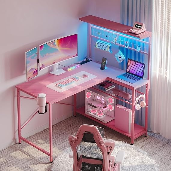 Bestier 42" L Gaming Desk with Power Outlets LED Lights, Carbon Fiber Pink