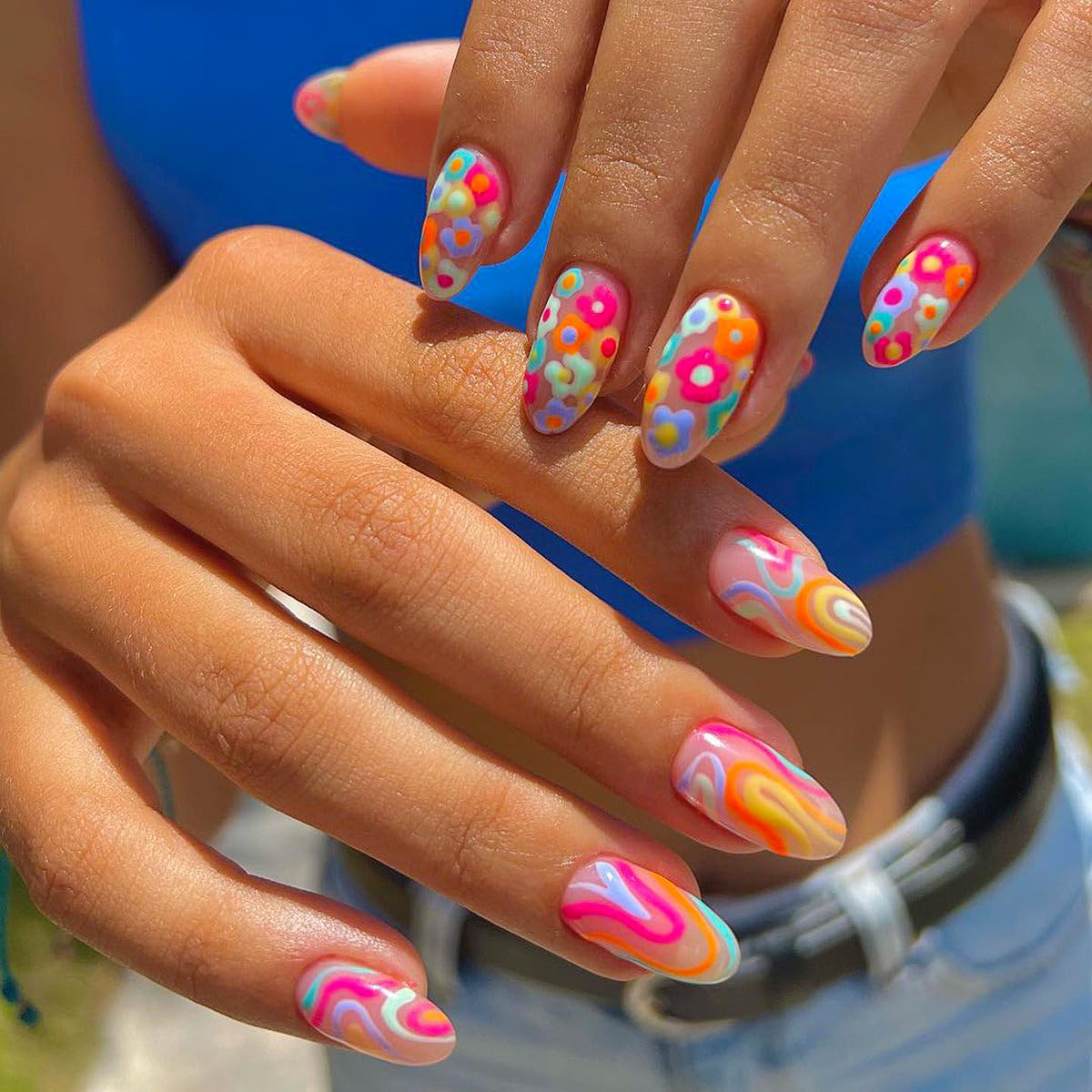 Medium Almond Press on Pink False Nails with Rainbow Swirls Flower Pattern Designs - French Tips, Summer Acrylic Stick on Nails Artificial Glue on - 24 Pcs