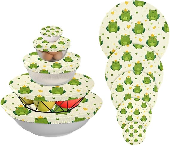 Reusable Stretchy Bowl Covers 5 Pieces Cute Frog Pattern Food Storage Container Elastic Covers Dough Covers Reusable Fabric Covers for Bread Proofing Fruits Kitchen Leftovers