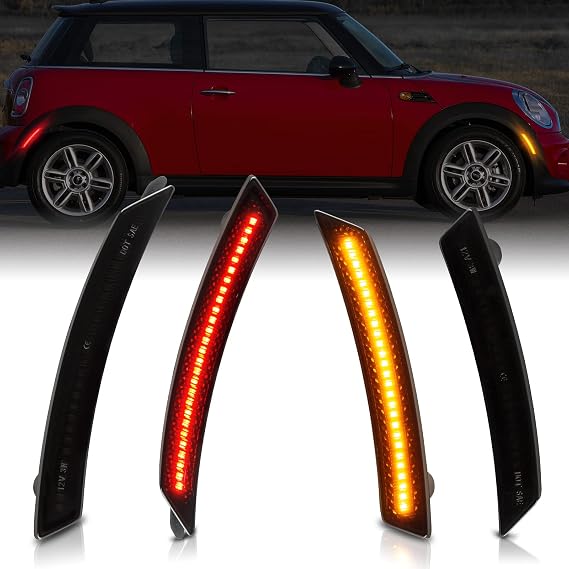 POPMOTORZ LED Side Marker Lights Kit 4 Pcs Amber Front & Red Rear Fender Bumper Side Marker Lamps Assembly Compatible with BMW MINI Cooper R55 R56 R57 R58 R59 R60 R61 OEM Replacement-Smoke Lens