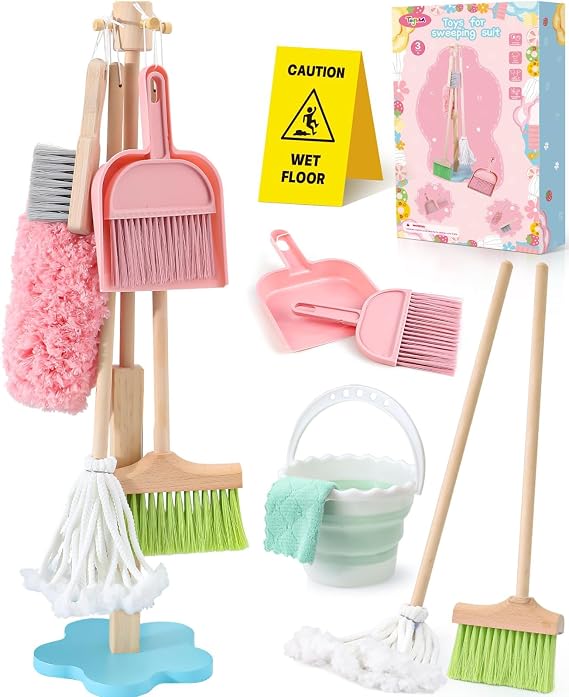 Lonico Wooden Kids Cleaning Toy Set Mop Broom and Dustpan Set, 12 Pcs Detachable Housekeeping Playset with Bucket Duster Brushes Pretend Play Cleaning Toys Gift for Boy Girl Age 3 4 5 6