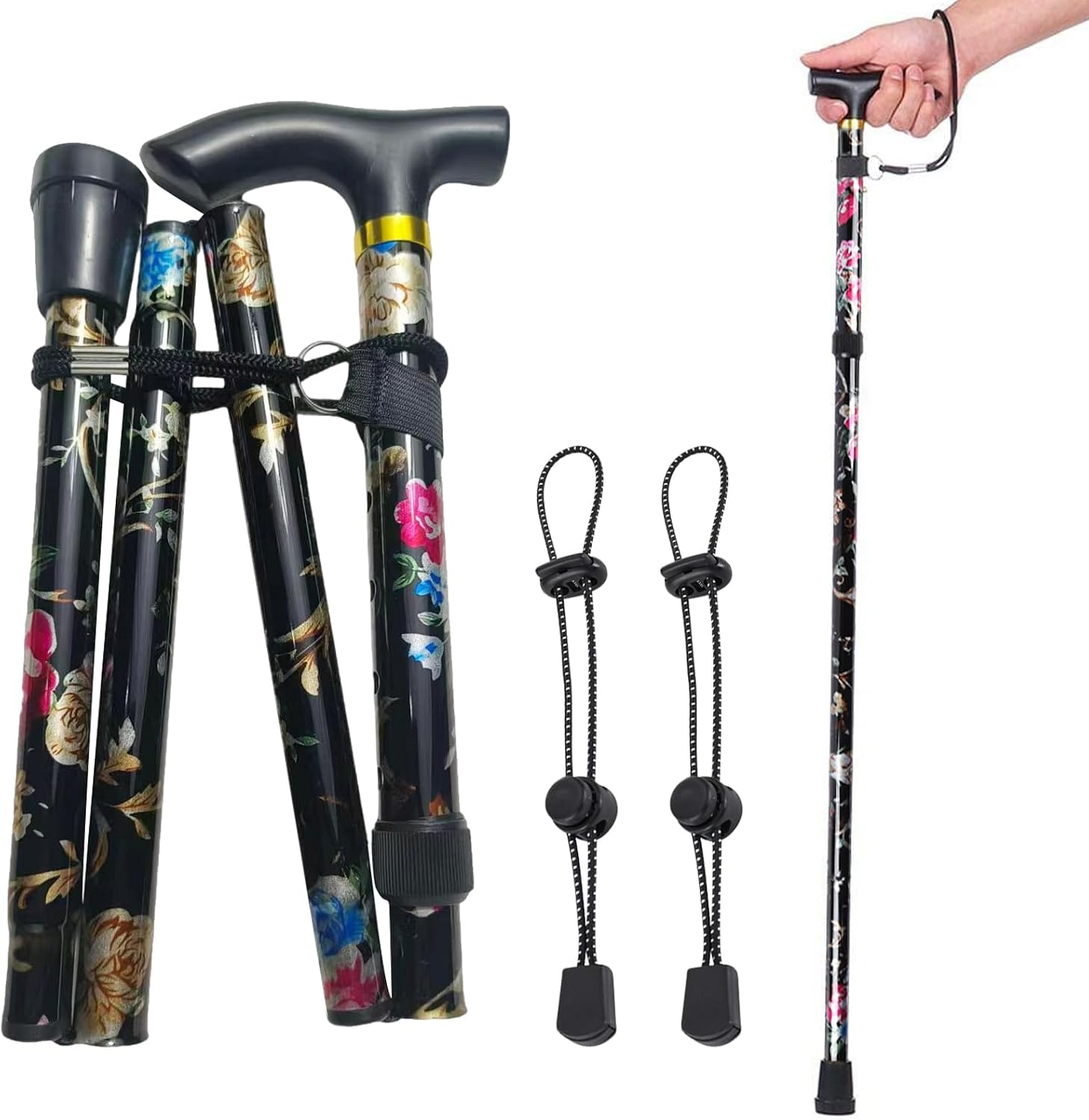 Foldable Walking Stick for Men and Women Height Adjustable Portable Walking Aid for Seniors for Hiking Camping Mountaineering Trekking (Black)