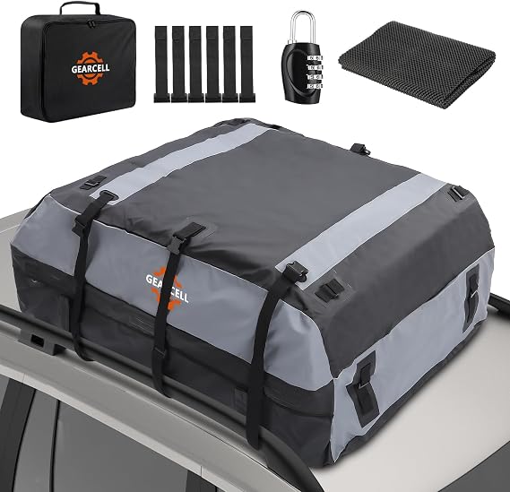 Car Roof Bag, 21 Cubic Feet Large Roofing Cargo Carrier Bags Waterproof Storage Box All Cars with/Without Racks Includes Anti-Slip Mat Combination Lock 6 Door Hooks