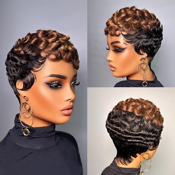 VRZ Short Pixie Cut Wigs for Black Women Glueless Pixie Cut wig Human Hair Black Color with Honey Blonde Brown Short Layered Brazilian Virgin Human Hair Wig for Women Color 1B/4/30# Full Machine Made