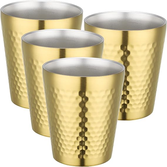Beasea 10 oz Stainless Steel Cups, 4 Pack Gold Stainless Steel Tumbler Bulk, Stackable Double Wall Insulated Water Glasses Metal Drinking Cups for Home Restaurant Office Party Camping Bar