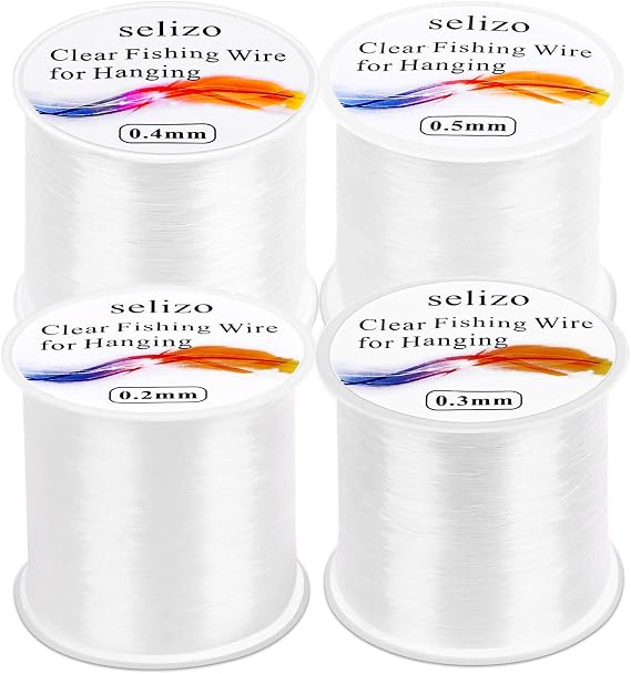 Fishing Wire for Hanging, Selizo 4Pcs Clear Fish Line Fishing String Invisible Monofilament Nylon Thread for Hanging Decorations, Balloon Garland, Jewelry Making, Beading and Crafts