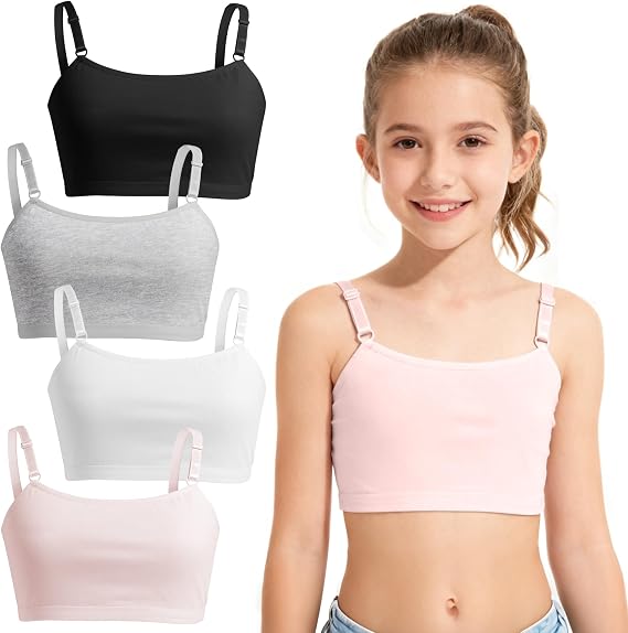 Girls Training Bra, Soft Cotton Cami Bralette with Adjustable Straps, Double Layer Design, No Pads