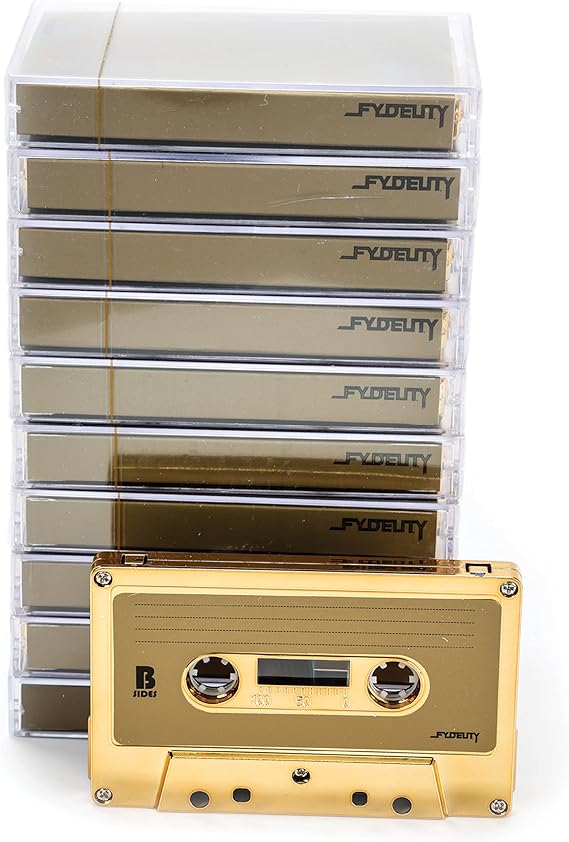 Fydelity 10-Piece Blank Cassette Tape Storage Set Features 60 Minutes Clear Tape Cassette Storage for Recording Blank Audio - Gold Chrome Cassette Holder Idea for Music Lovers Collectors