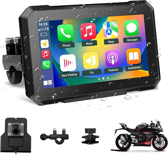 KAOLALI 7 Inch Motorcycle GPS Navigator, Universal IPX7 Waterproof Touch Screen GPS Portable Navigation System with CarPlay/Android Auto for Motorbike