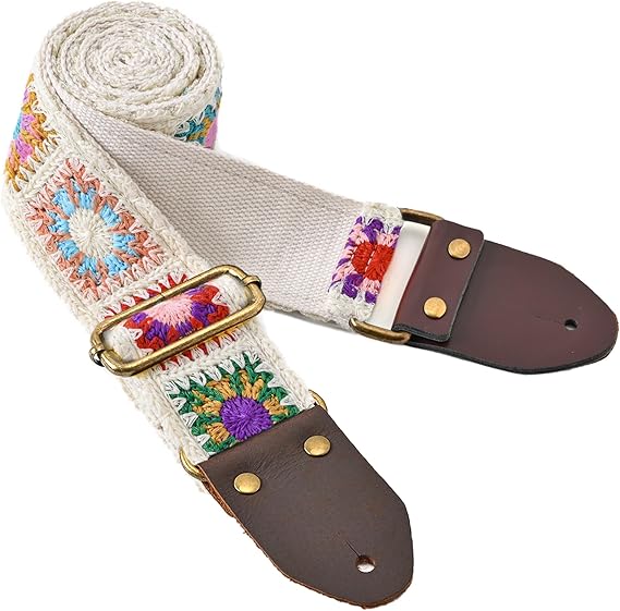 Guitar Strap, Crochet Flower Cotton Acoustic Electric Guitar Straps, Bass Guitar Strap Adjustable with Leather Ends