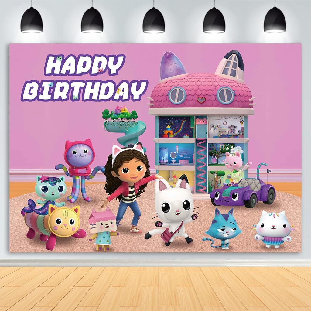 ASOONYUM 7x5ft Gabby Cat House Backdrop Happy Birthday Banner Party Supplies Decorations for Girls Baby Shower Kids Background for Photography Cake Topper Photo Booth Props Back Drop Pink