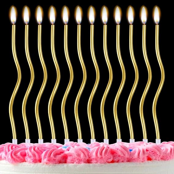 12 Pieces Twisty Birthday Candles, Spiral Gold Birthday Candles for Cakes [Energy Class G]