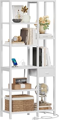 Furologee 6 Tier Bookshelf with USB Ports and Power Outlet, Book Shelf with Charging Station, Bookcase with Drawer, Storage Shelves for Bedroom,Home Office, Living Room, Bathroom, White