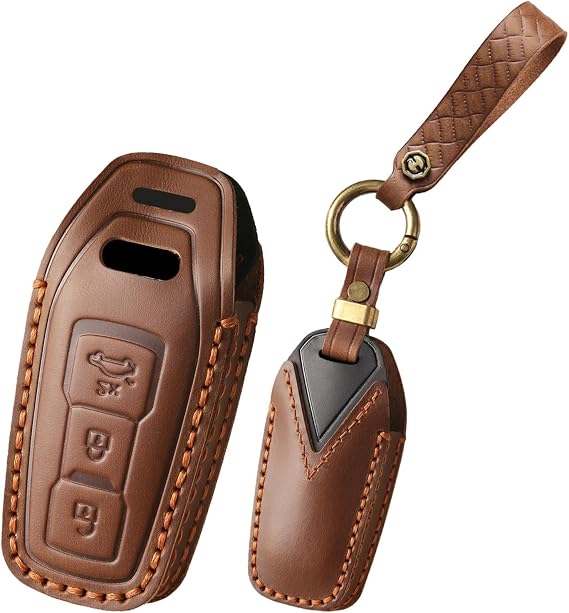 Fit for Audi A6L A5 2025 Handmade Leather Key Fob Cover Compatition with 2025 Audi A6L A5 Car Accessories Smart Remote Auto Key Shell with Keychain(Brown)