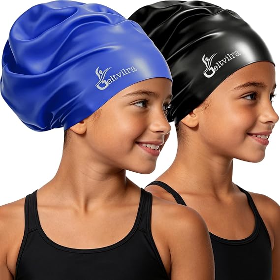 2 Pack Kids Extra Large Swim Cap for Long Thick Hair, Waterproof Silicone Swimming Hat for Girls Aged 4 to 16 Boys Toddler Children Youth, Hair Turban Protection for Braids Dreadlocks Extensions Afros