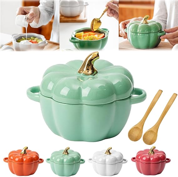 Creativity 15 Oz Mini Pumpkin Dutch Oven Pot with Lid, Ceramic Ramekins, Dessert Sauce Pan, Baking Soup Bowl (Green)