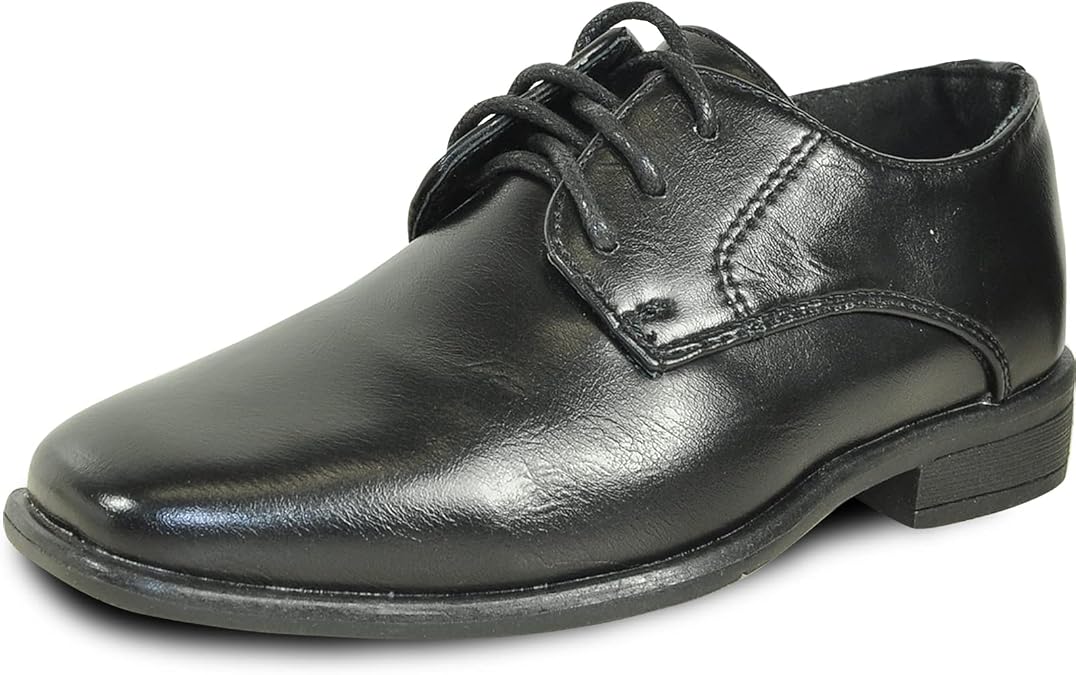 bravo! Boy Dress Shoe King Lace-up Oxford Plain Toe or Cap Toe Leather Sock for School Uniform Formal Event Size from Toddler to Youth Black Brown Cognac