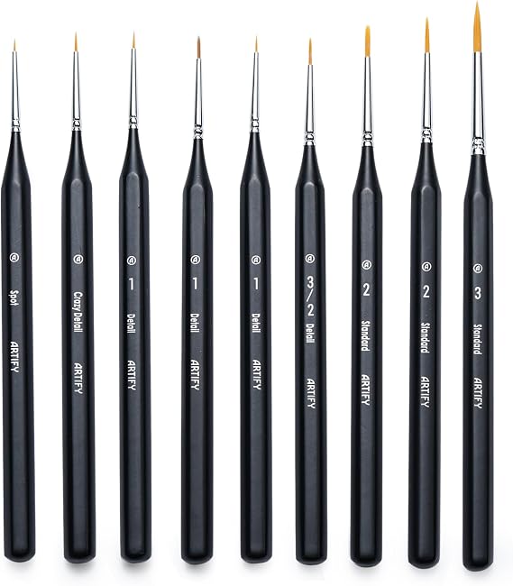ARTIFY Miniature Detail Paint Brush Set: 9-Piece Round Fine Tip Small Model Paintbrushes, Thin Mini Tiny Micro Paint Brushes for Miniature Art Painting Accessories