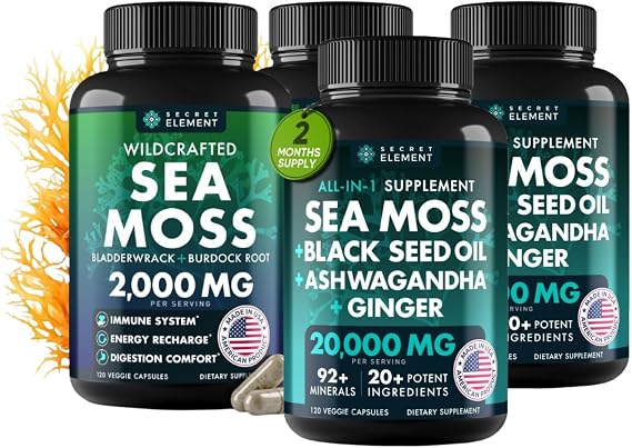 Sea Moss Bundle, Wildcrafted Irish Sea Moss Capsules with Burdock Root, Bladderwrack, Muira Puama + Seamoss Black Seed Oil, Ashwagandha & Ginger 480 Vegan Capsules