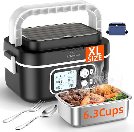 Cordless Electric Lunch Box, 100W Rechargeable Heated Lunch Box for Adults, 1.5L Portable Self Heating Lunchbox with Battery Leak-Proof for Office Truck Driver Construction Camping (Black)