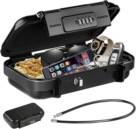 HUANLANG Portable Safe Lock Box with Combination Lock Mini Beach Travel Safe Waterproof Small Lockable Boxs with Removable Wire Rope Combination Lock Box for Dorm,Travel,Beach,Hotel,Car,Home,Office
