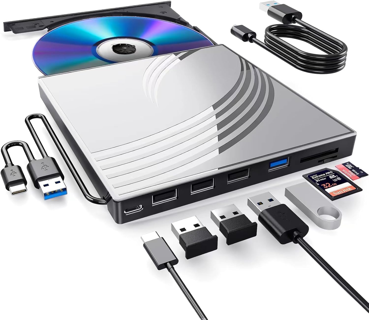 External CDDVD Drive for Laptop, Ultra Slim CD Burner USB 3.0 Hub with 4 USB Ports, 2 TFSD Card Slots,1 Type-C Port,DVD Player for Laptop Compatible with mac OSWindowsLinux Silver