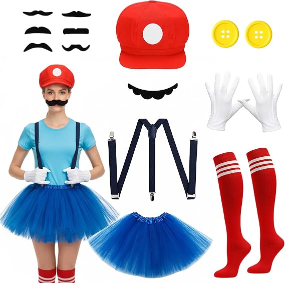 Mario Costume, Costume Accessory, 13 Pcs Super Brother Costume Include Hat Mustache Gloves Suspenders Buttons Sock Skirt, for Attending Halloweens and Parties Use by Those Aged 15 and Above (Red)