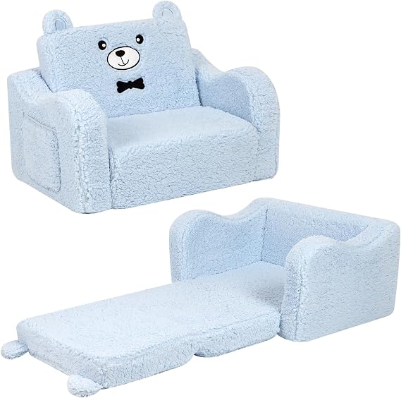 MOMCAYWEX Kids Chairs for Toddler, 2-in-1 Toddler Soft Sherpa Couch Fold Out, Convertible Sofa to Lounger for Girls and Boys, Teddy Bear, Blue
