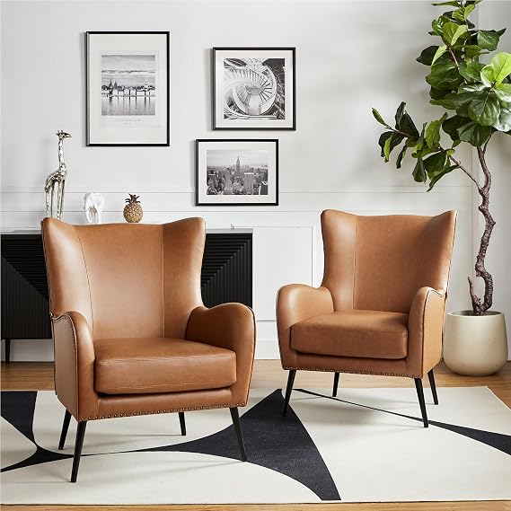 HULALA HOME Faux Leather Accent Chair Set of 2, Camel | Wingback Design With Removable Cushion, Nailhead Trim, And Metal Legs For Living Room, Bedroom, Reading Nook, Or Home Office