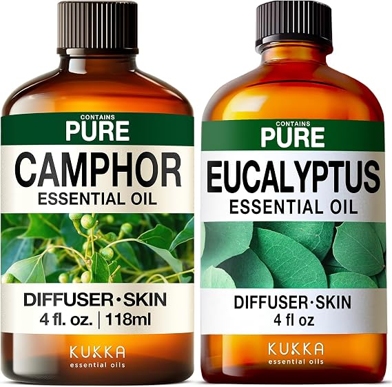 Camphor Essential Oil for Diffuse & Eucalyptus Essential Oil for Diffuser Set - Aromatherapy Grade Essential Oils Set - 2X 4 Fl Oz - Kukka
