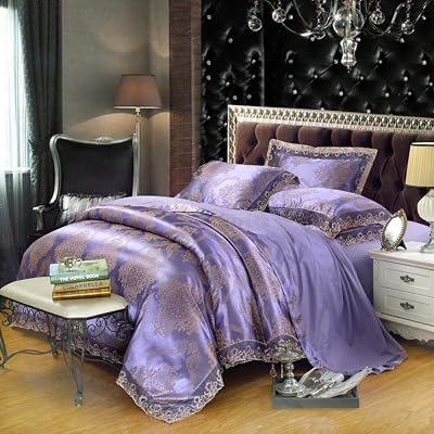 Bedding 4 Piece Comforter,2020 Cotton Quilt Cover Silk Modal Jacquard Four-Piece Suit-Purple_King