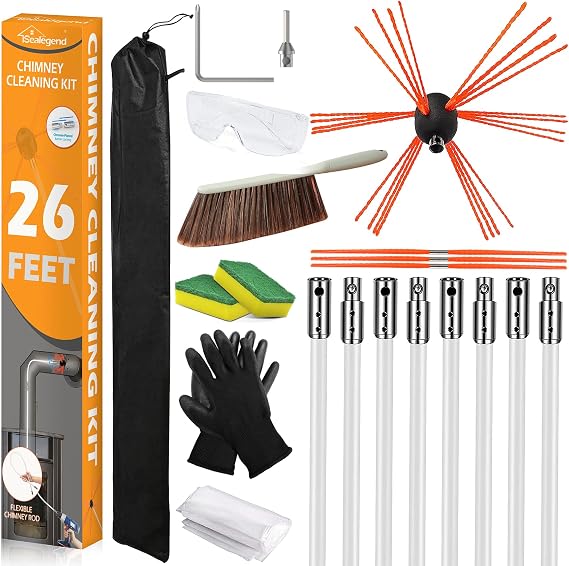 Sealegend 26FT Chimney Sweep Kit Rotary Cleaning Brush with 8 Flexible Rods