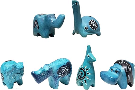 Jungle Safari Assorted 2-inch Wild Animals Soapstone Hand-Made Vary in Color and Animals (Blue, 6 Pack)