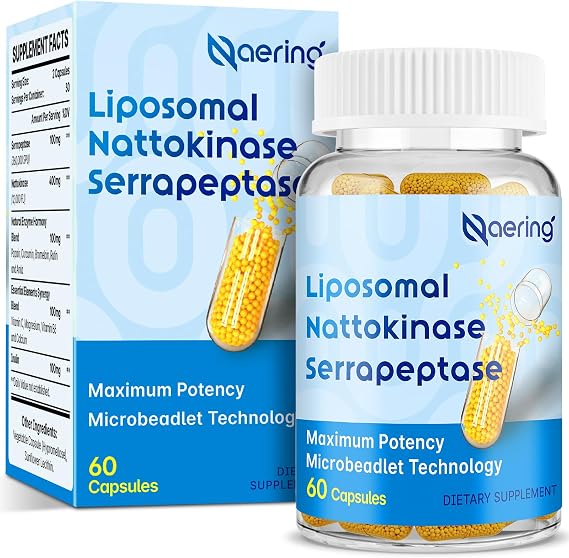 Nattokinase 12,000 FU & Serrapeptase 360,000 SPU Liposomal Capsules Enzyme Complex with Inulin, Bromelain, Papain, Curcumin, Vitamin C & B6 Microbeadlet Technology, Vegan, 60 Count