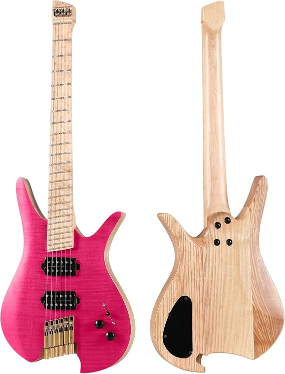 Headless Electric Guitar, 6 String Fanned Fret Travel Guitar (Pink)