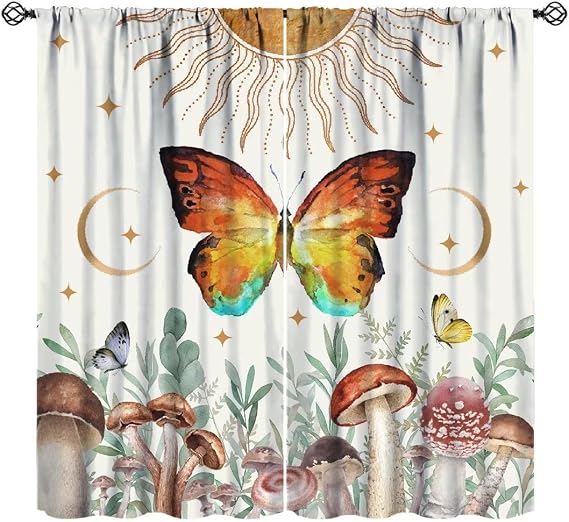 Butterfly Mushroom Curtains, Boho Sun Moon Blackout Window Drapes, Retro Gothic Moth Vintage Botanical Plants Wildflower Witchy Window Treatments for Living Room Bedroom Kitchen 42x45 Inch