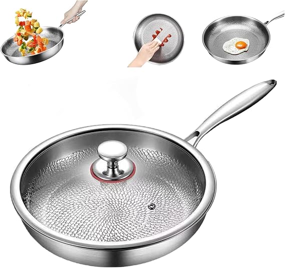 Titanium Frying Pan, Titanium Hammered Pan Pro With Lid, Frying Pans Nonstick With Dual Pour Spout,Extreme Heat-Resistant & Lasts A Lifetime(28cm)