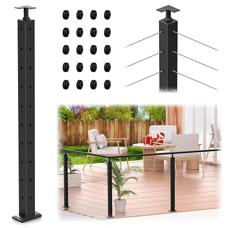 36" Modular Black Cable Railing Corner Post, L-Drilled Two-Side Hole