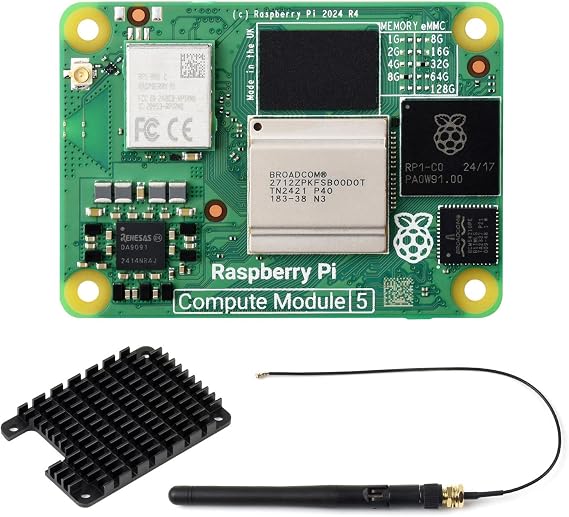 Waveshare CM5 Pi Compute Module 5, with an Official Raspberry Pi CM5108032 (with Wireless, 8GB RAM, 32GB eMMC Flash), an Antenna Kit and a HEATSINK. (3 Items)