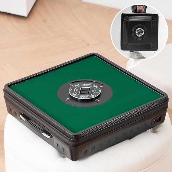 Portable Automatic Mahjong Table with Rack/Pushers, Chinese Mahjong Set with Shuffler, Beautiful Mahjong Sets for Outdoor & Home Fun, No Assembly Needed, Travel Sized, 21 x 21 x 5.5 inches (Black)