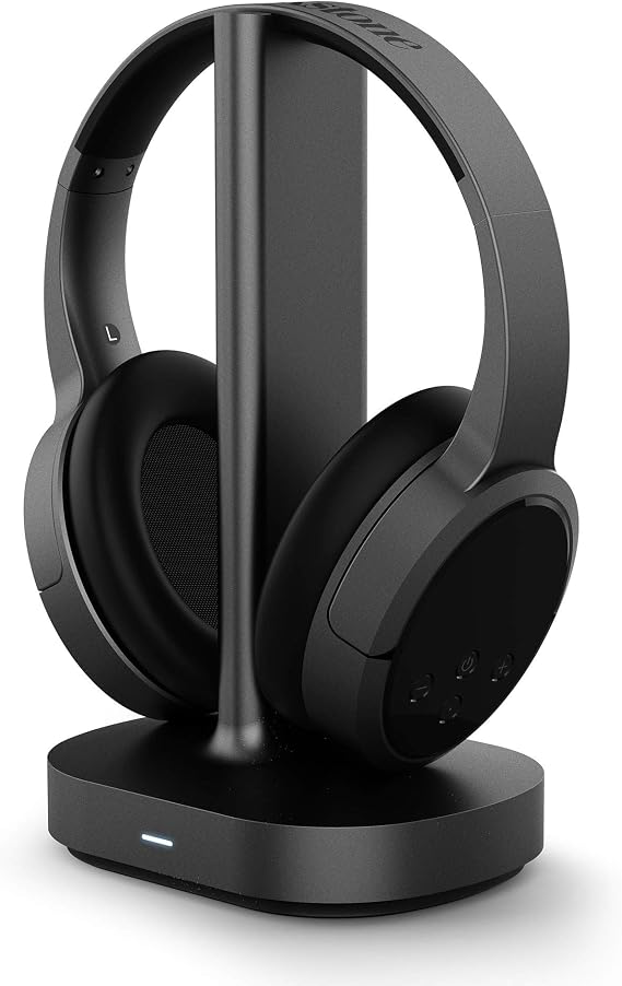 Brookstone AirPhones Wireless RF Over Ear Headphones with Wireless Transmitting Audio/Charging Dock, 10 Hrs Playtime, Deep Bass 40mm Driver, Comfortable Ear-Pads, for TVs, Phones