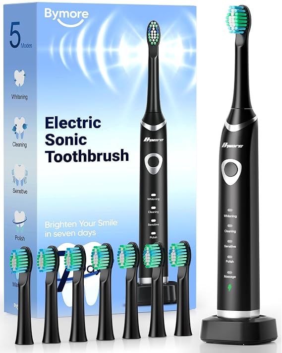 Bymore Electric Toothbrush for Adults, Sonic Rechargeable Toothbrush, Black