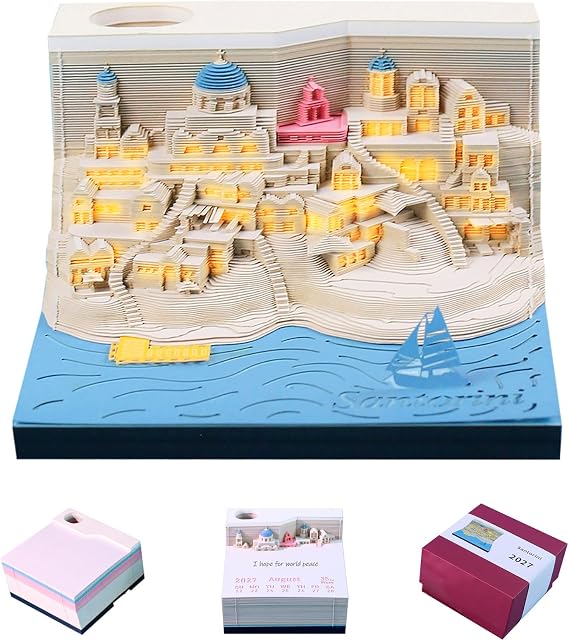 3D Calendar 2027, Santorini Time Piece Calendar 3D Memo Pad Creative Art Desk Calendar DIY Notes Notepad, 3D Paper Craft Desktop Decoration Gift