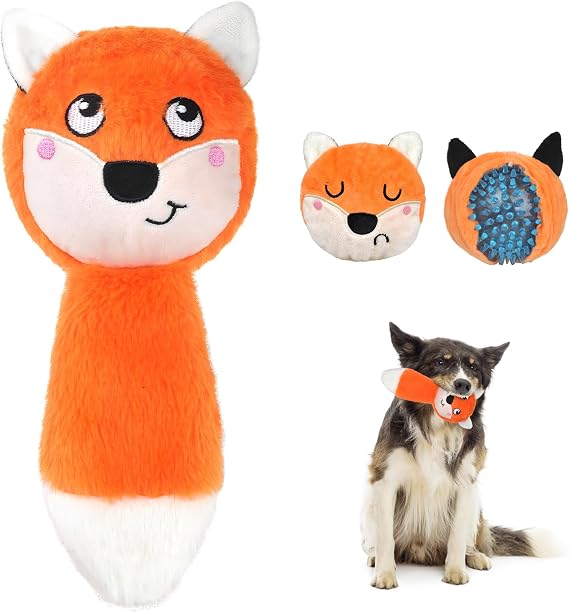 Fida Squeaky Dog Toys for Aggressive Chewers, 3 in 1, Tough Dog Ball | Dog Chew Toys with 3 Layers, to Keep Them Busy, Interactive for Small, Medium and Large Dogs, Gift Box, Fox