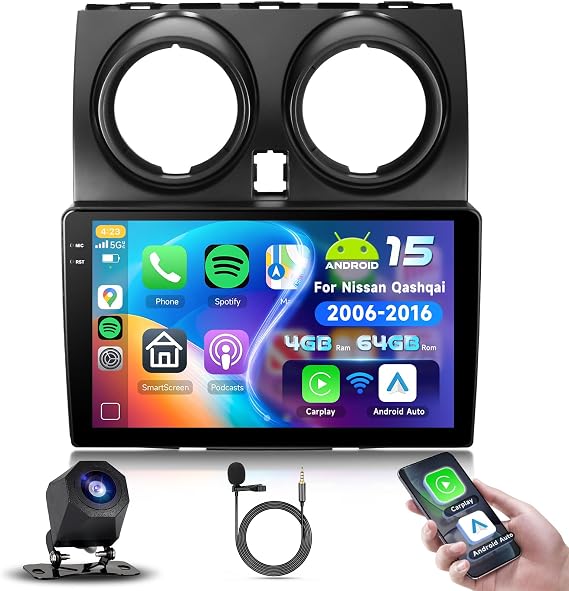 4+64G podofo Android 9 Inch Car Radio 2 DIN for Nissan Qashqai J10 2006-2016 Wireless Carplay Android Car Bluetooth with Screen WiFi / Sat Nav + AHD Reversing Camera RDS/FM Radio