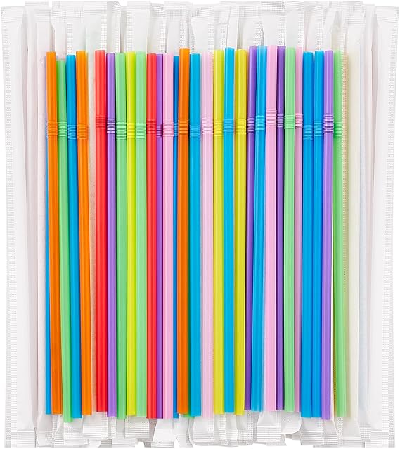 [Individually Wrapped] 100 Pcs Colorful Flexible Plastic Straws, Disposable Bendy Straws, 8.26" Long and 0.23'' Diameter, BPA-Free