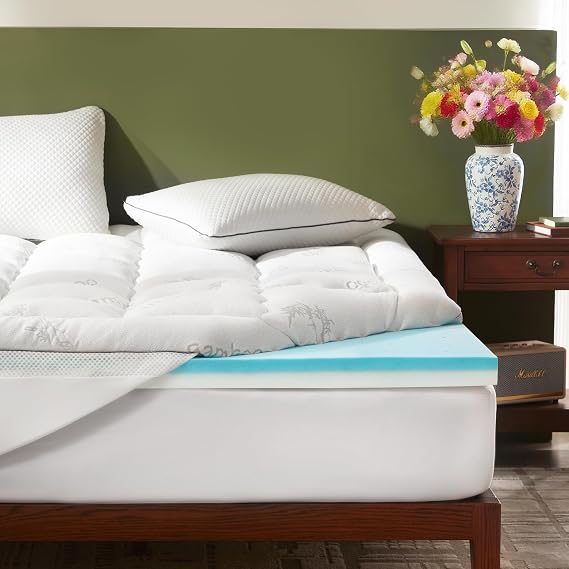 BEDLORE 4 Inch Dual Layer Memory Foam Mattress Topper Queen | 2 Inch Gel Memory Foam and 2 Inch Pillow Top Mattress Pad Cover, Cooling Bamboo Viscose Mattress Topper Medium-Firm