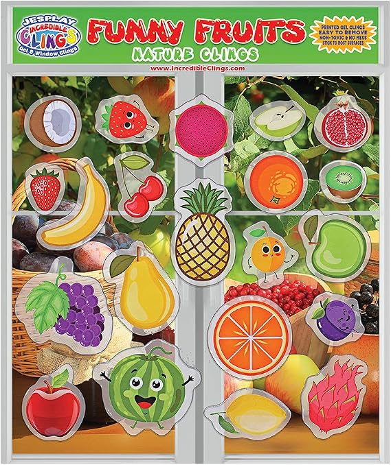 Fun Fruits Gel Window Clings for Kids - Window Stickers for Toddlers, Gel Clings Window Decals Kids Jelly Reusable Sticker - Home Car Plane Airplane Activities - Oranges, Apples (Jesplay USA)